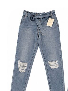 KanCan Light Blue Paperbag Waist Distressed Boot Cut Jeans